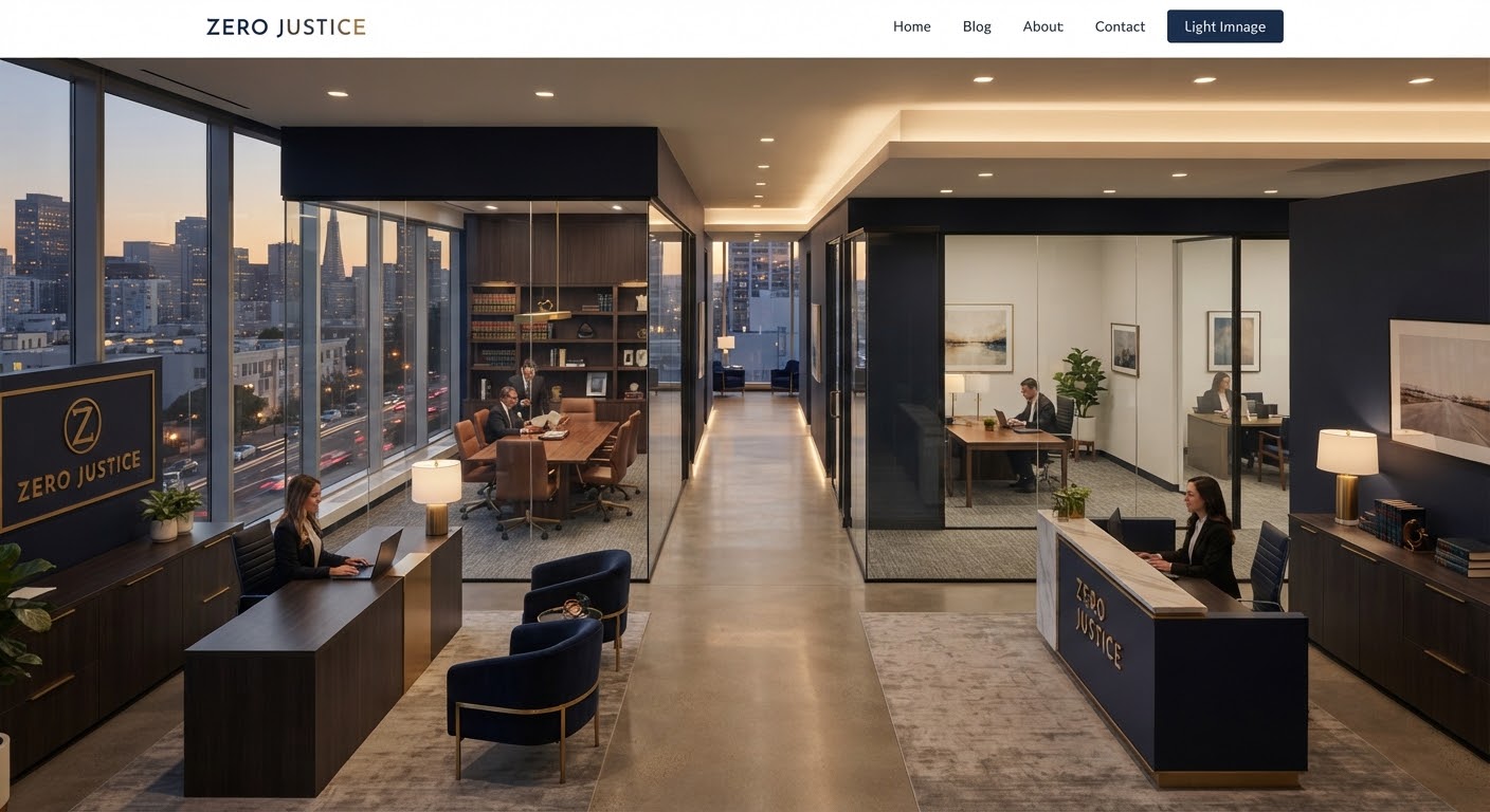 Modern law office interior with navy and gold accents overlooking a city skyline at dusk